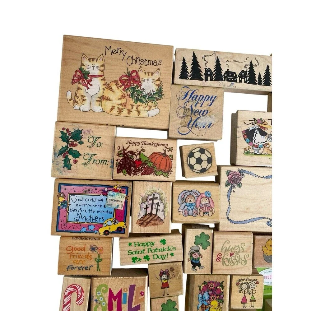 44 Rubber Stamp Lot 31 Wood Mounted 13 Unmounted New and Used Holiday / Misc.